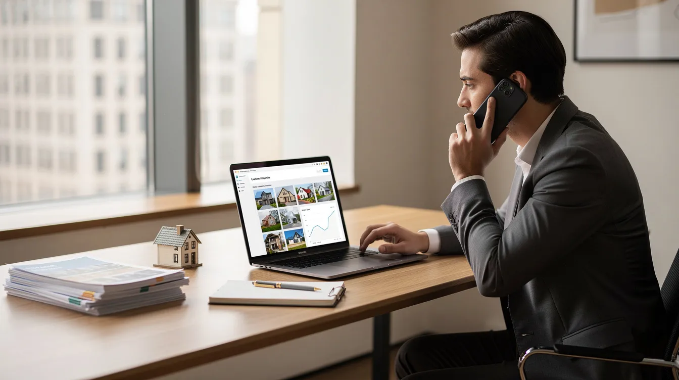 A man in a suit talks on his smartphone while working on a real estate website on his laptop at a desk.