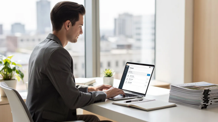 A man in a suit working on a laptop displaying a contacts list at a desk in an office with a window view.