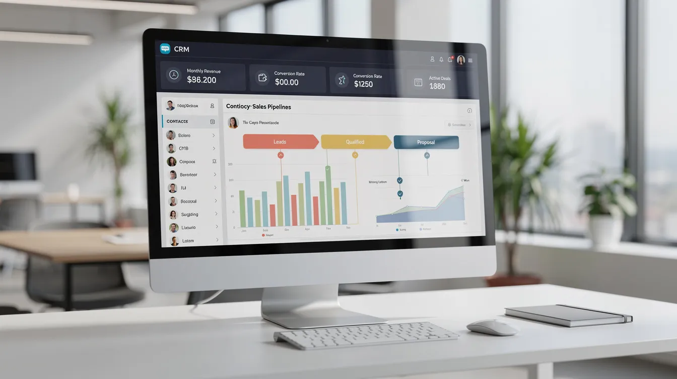 The image shows a modern CRM dashboard displayed on a computer screen in a bright office, featuring key metrics related to leads and sales cycles. The dashboard emphasizes automation tools and re-engagement strategies for dormant contacts, showcasing the focus on nurturing past leads and generating genuine interest through multiple touchpoints.