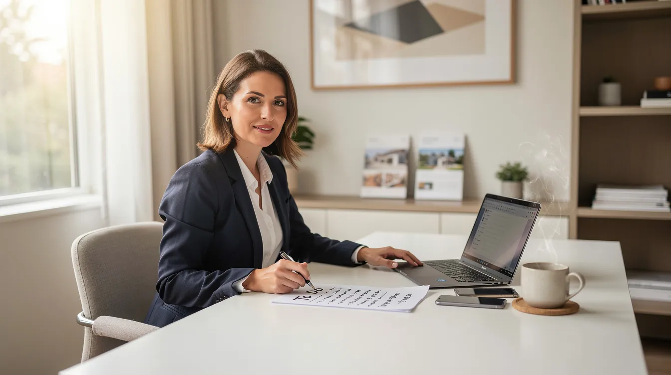 A real estate agent is seated at a tidy desk in a bright home office, working on a laptop while reviewing a to-do list, with a phone and a coffee cup nearby. This scene reflects the daily routine of real estate professionals as they manage client relationships and streamline their real estate business using effective marketing tools and CRM software.