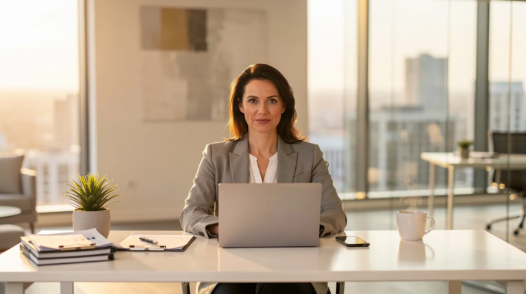 A real estate agent is seated at a sleek desk in a bright, modern office, working on a laptop and talking on the phone in the early morning light. This environment highlights the importance of customer relationship management in the real estate industry, as the agent focuses on lead management and building client relationships.