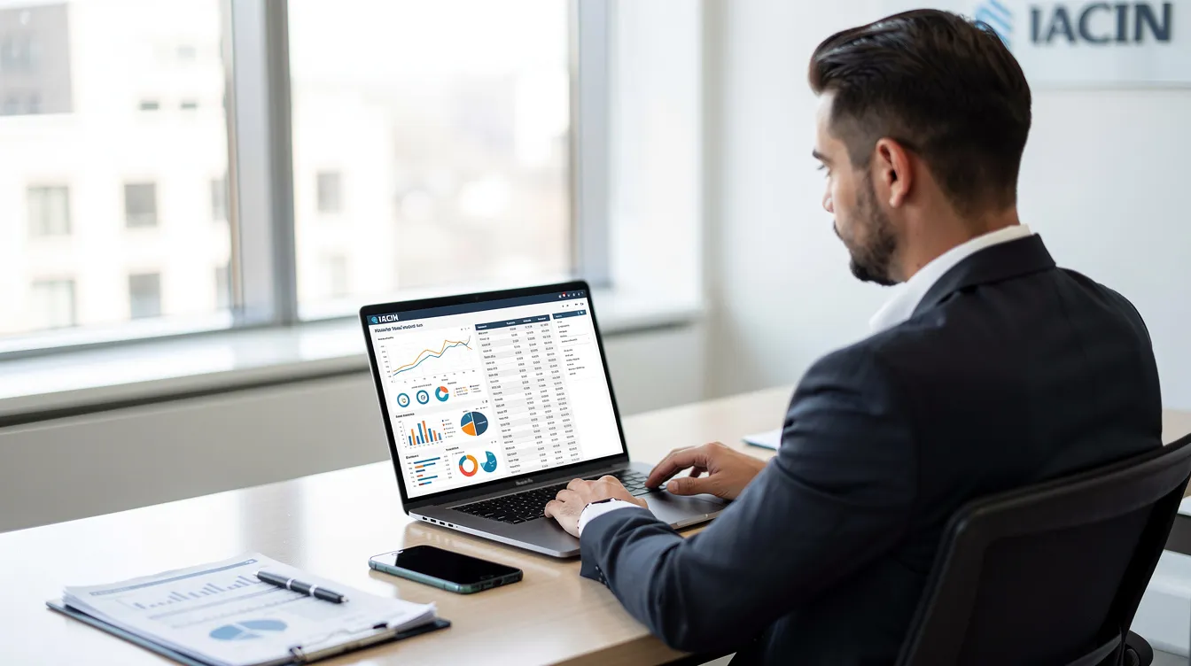 A real estate agent is seated at a desk, focused on reviewing data displayed on a laptop screen, with a phone positioned nearby. The scene highlights the importance of email sender reputation and deliverability in maintaining effective communication with clients and ensuring messages land in the primary inbox rather than triggering spam filters.