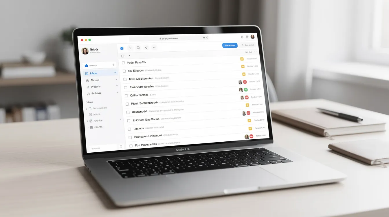 The image depicts a laptop screen displaying an organized email inbox interface, highlighting various folders in a tidy workspace. This setup suggests an efficient email list hygiene process, essential for maintaining sender reputation and enhancing engagement with new leads.