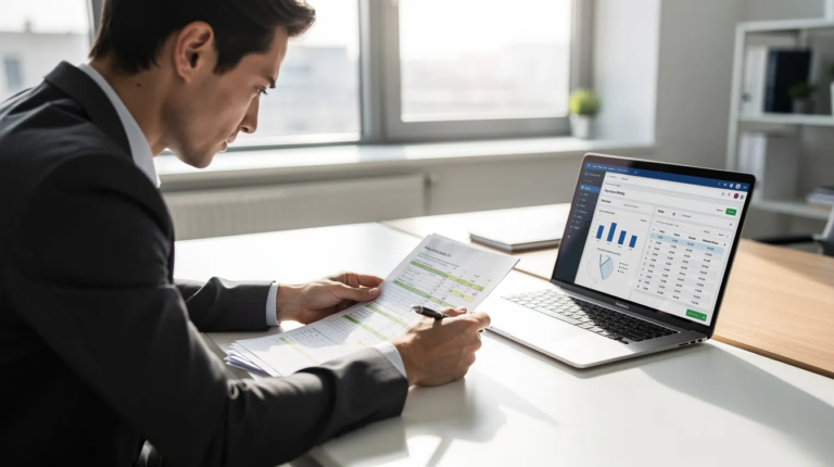 A man in a suit sitting at a desk reviewing a financial document while looking at data charts on his laptop screen.