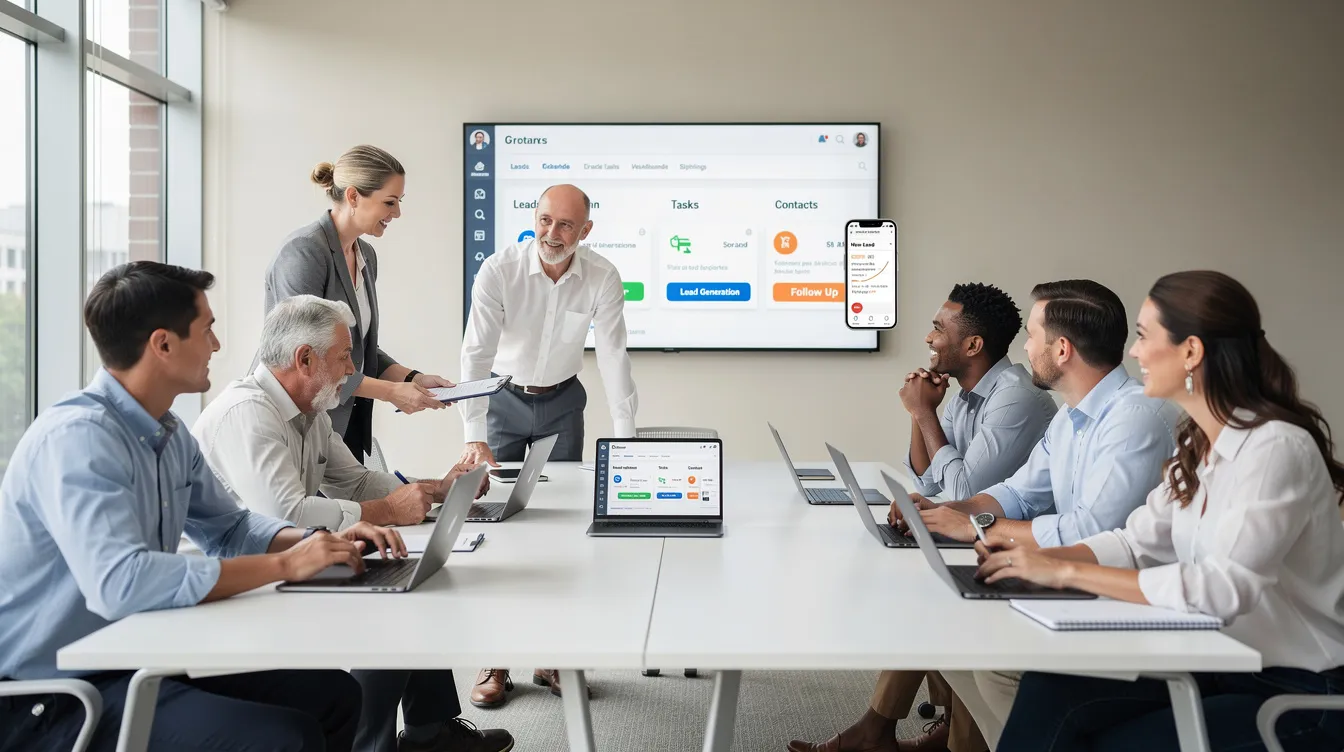 The image depicts a diverse group of casual-dressed real estate professionals collaborating in a bright training room, using laptops and tablets to enhance their skills in client communication and lead management. They are focused on an all-in-one real estate CRM platform, emphasizing key features like lead generation, mobile access, and pipeline management to improve their sales process and client relationships.