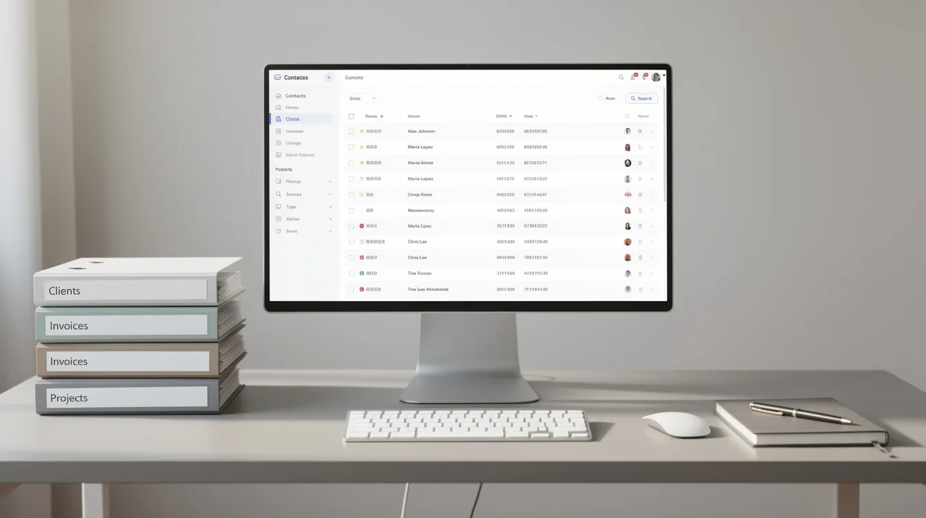 The image depicts a clean and organized desk featuring neatly arranged folders and a computer screen displaying a contact list, which may include past leads and dormant contacts. This setup suggests a focus on re-engaging old leads through effective follow-up strategies and nurturing campaigns in the real estate business.