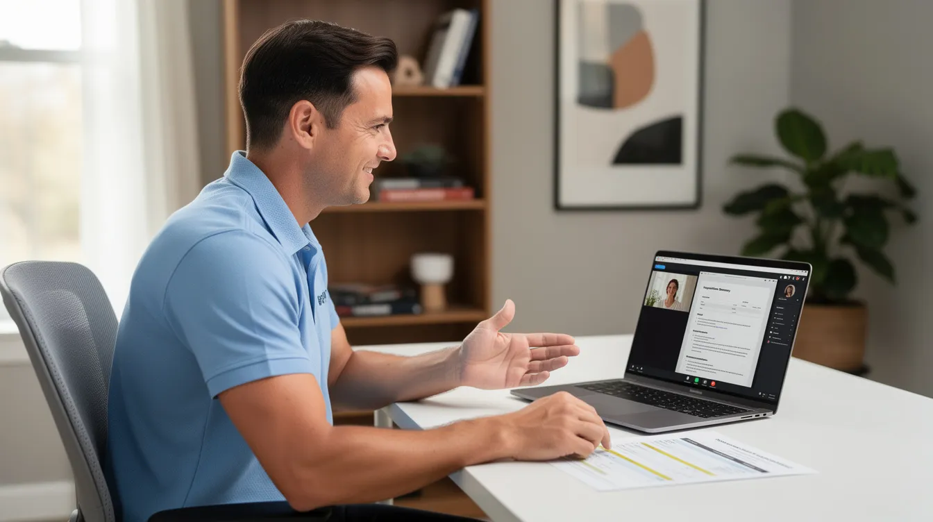 A real estate agent, dressed in a powder blue polo shirt, is seated at home participating in a Zoom call with a new client, discussing an inspection report for a house they are under contract for. The scene highlights the agent