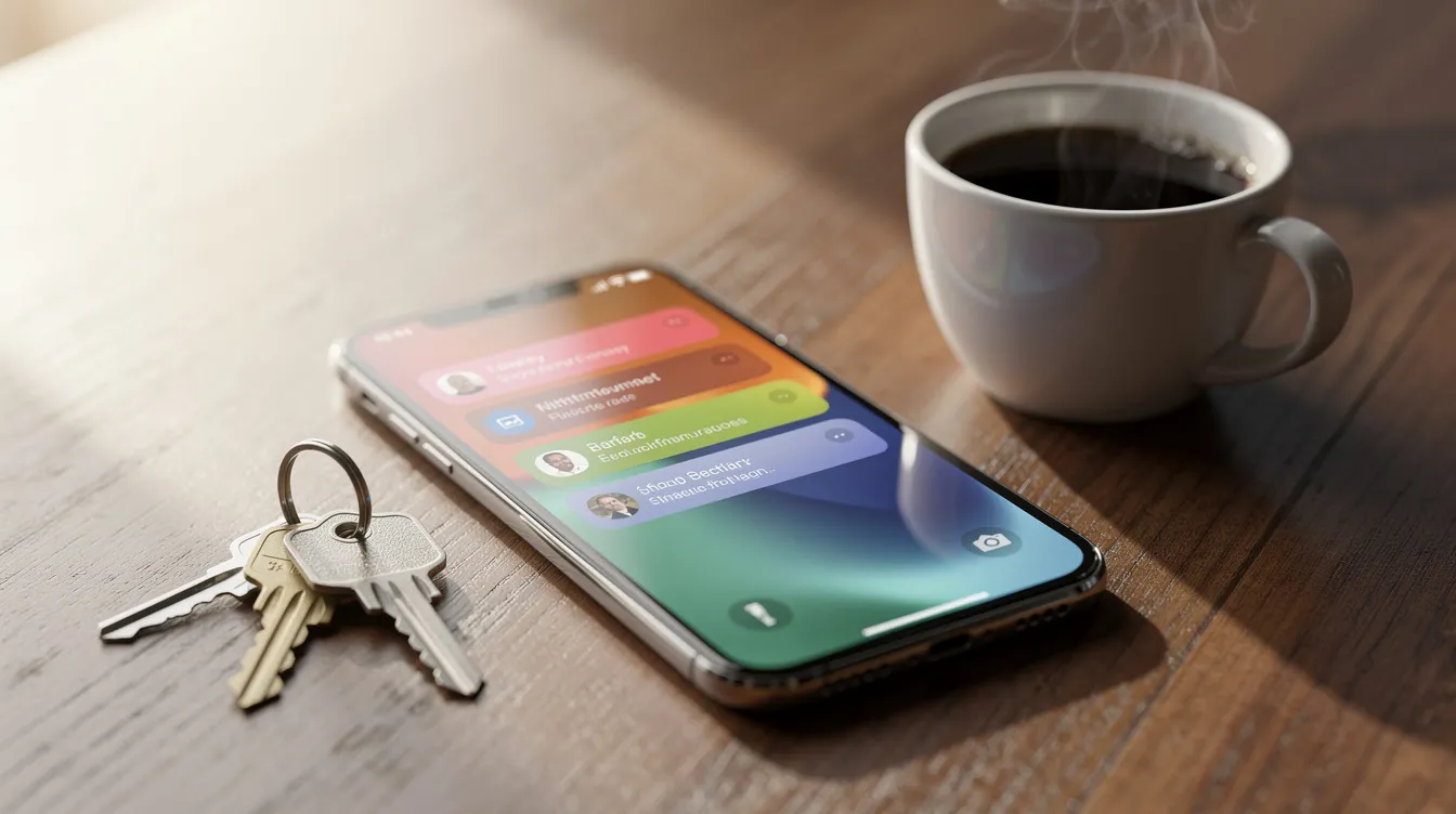 The image features a smartphone displaying various notification alerts on a desk, accompanied by a steaming cup of coffee and a set of house keys. This scene reflects the daily routine of real estate professionals, emphasizing the importance of client communications and lead management in the real estate industry.