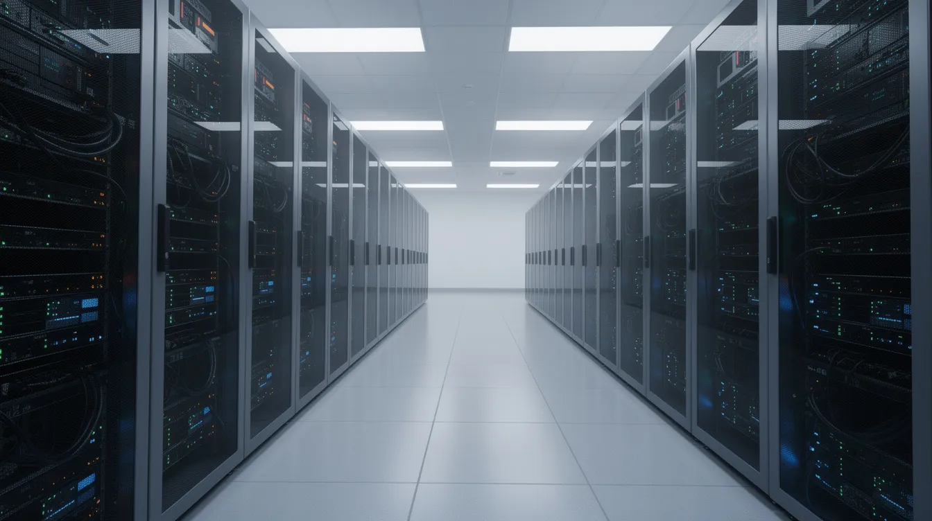 The image depicts a modern server room filled with rows of high-tech equipment, each unit adorned with blinking indicator lights. This environment is crucial for maintaining email deliverability and managing sender reputation, as it houses the servers that help ensure messages land in the primary inbox rather than spam folders.