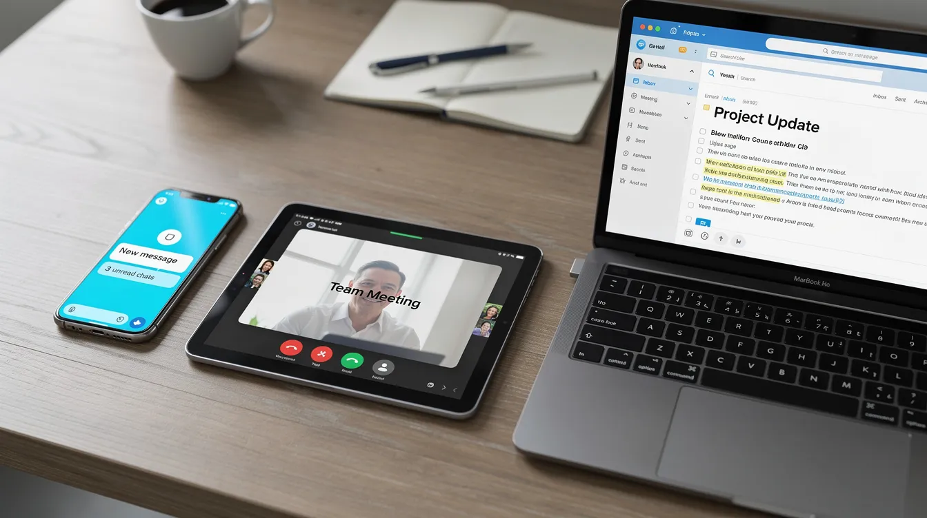 The image features a smartphone, tablet, and laptop arranged on a desk, each displaying various communication channels and marketing strategies for re-engaging past leads. This setup illustrates the importance of utilizing multiple touchpoints and automation tools to nurture dormant contacts and enhance conversion rates in the real estate business.
