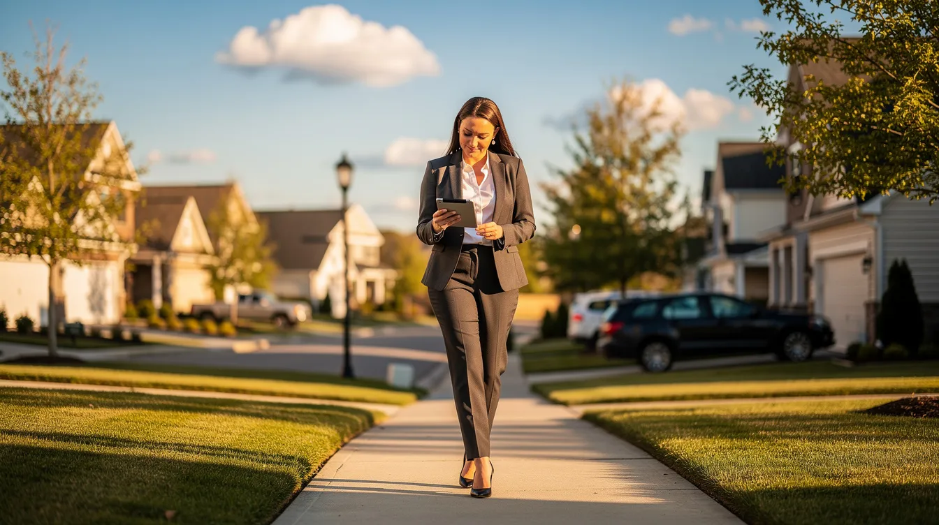 A real estate agent is walking through a sunny residential neighborhood, holding a tablet in hand, likely utilizing real estate software for lead generation and client communication. The scene reflects the active role of real estate professionals in managing their workflows and engaging with potential buyers in the real estate industry.
