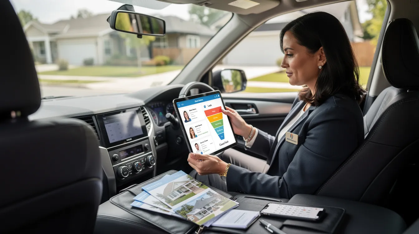 A female real estate agent is sitting in a car, intently focused on a tablet as she utilizes customer relationship management software to manage client information and track leads. This scene emphasizes the significance of a centralized platform in the real estate industry for maintaining client relationships and streamlining the sales process.