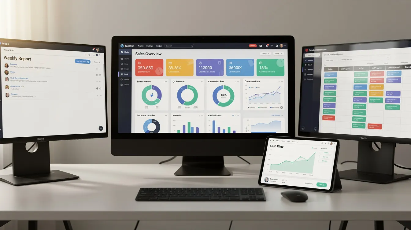The image depicts a modern desk equipped with multiple computer screens and a tablet, all displaying various business applications relevant to real estate professionals. This setup highlights tools for client management, lead generation, and marketing automation, essential for real estate teams to enhance client communication and streamline their sales process.