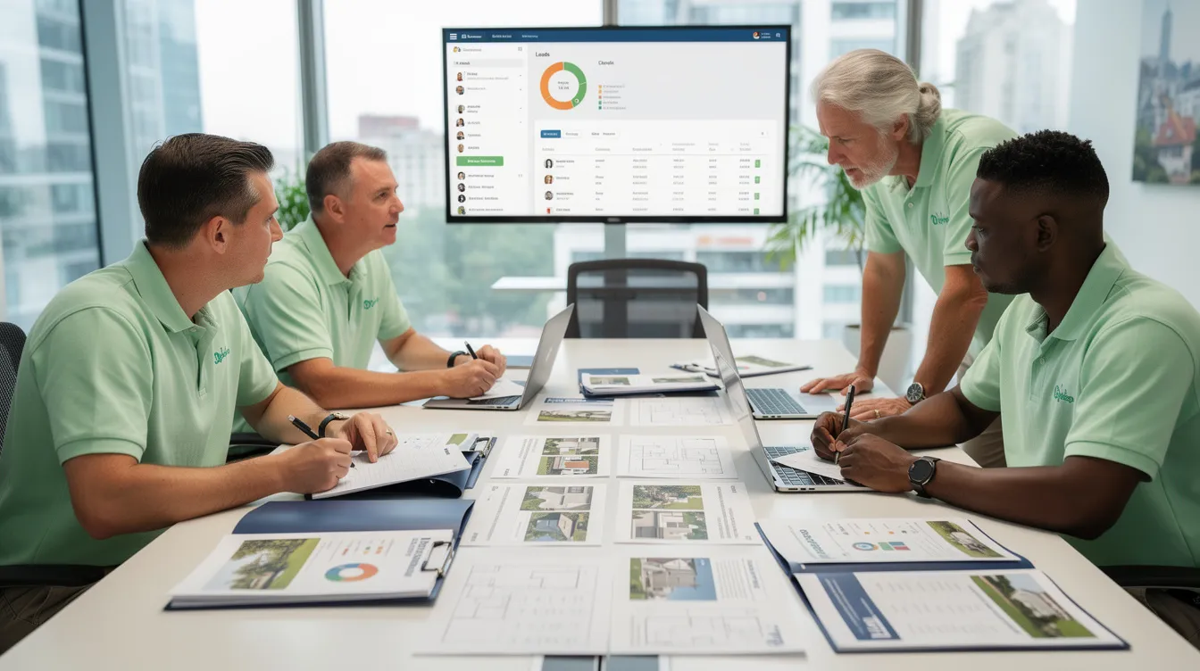 A small group of real estate professionals in light green polo shirts is seated around a conference table, intently reviewing property documents and discussing lead management strategies. They are likely utilizing their real estate CRM tools to enhance client communication and streamline their sales process, focusing on achieving informed decisions and accountability within their team.