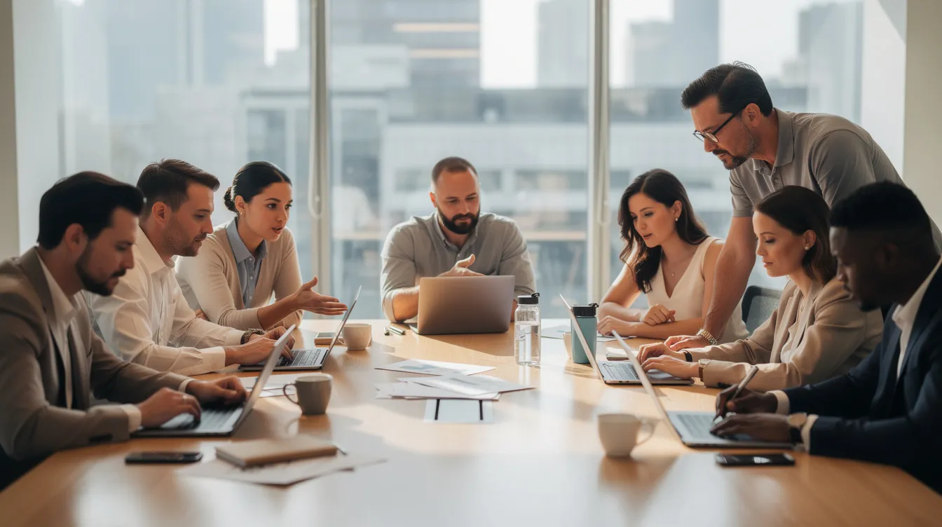 A diverse team of professionals is collaborating around a conference table, equipped with laptops and coffee cups, discussing strategies for improving email list hygiene and enhancing engagement rates. They focus on processes like database cleanup and managing sender reputation to ensure high deliverability and conversion rates for their marketing campaigns.