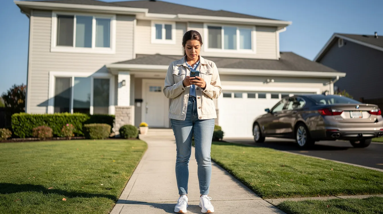A person stands in front of a suburban house, holding a smartphone, likely using a real estate CRM app to manage leads and client communication. This scene captures the essence of real estate professionals leveraging mobile access to streamline their sales process and enhance client relationships.