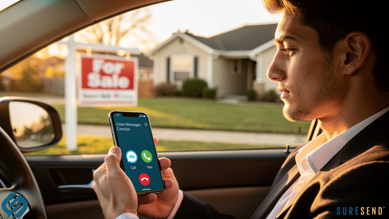 Agent checking mobile CRM alerts outside client's house