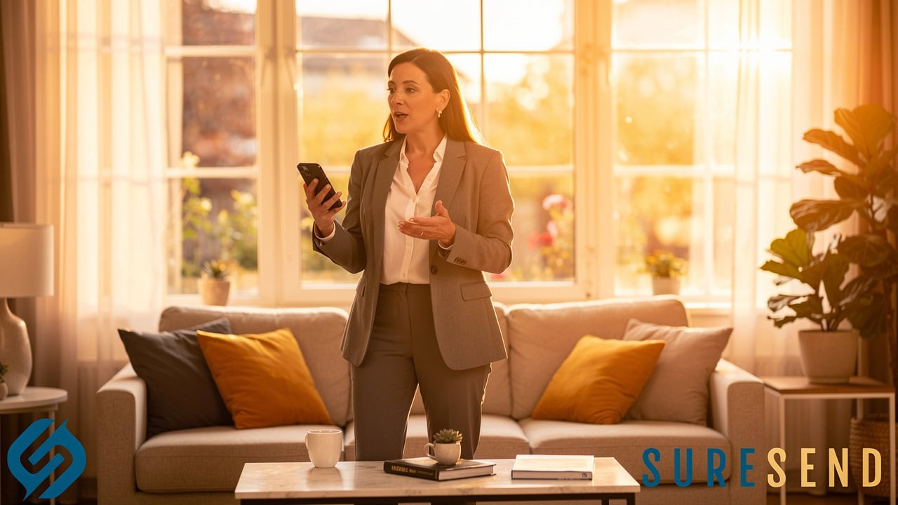 Real estate agent reviewing contact history on phone before showing