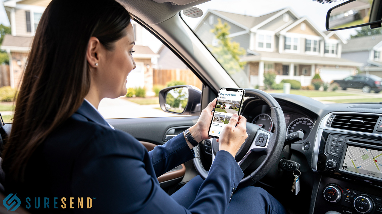 Real estate agent reviewing property information on smartphone in car