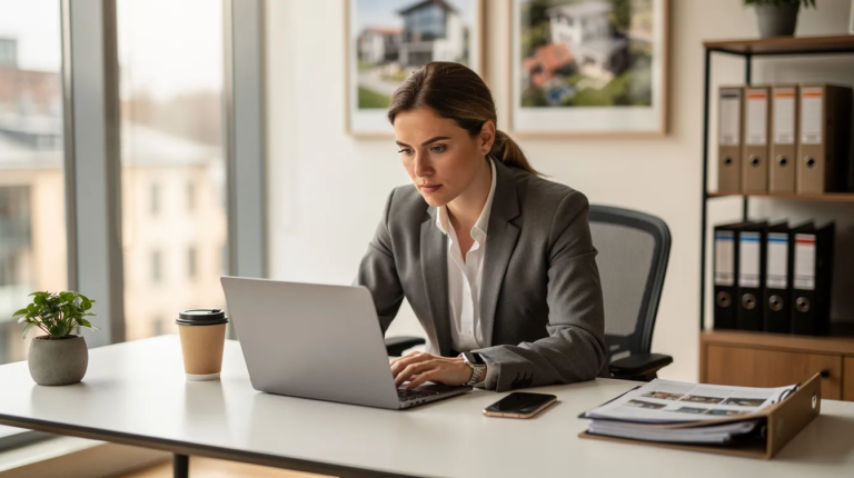 A focused real estate agent sits at a modern desk equipped with a laptop, phone, and coffee, actively engaging in their work. This scene highlights the importance of real estate tools and lead generation in the real estate business, showcasing how professionals manage their workflows and client communications efficiently.