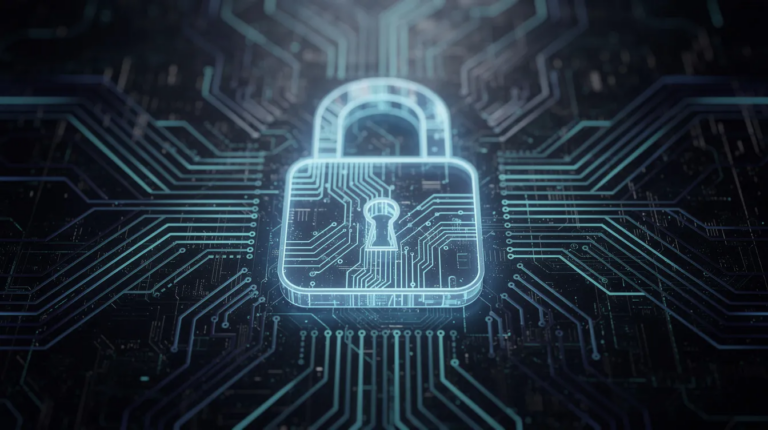 A glowing digital padlock icon centered over a dark blue circuit board pattern.