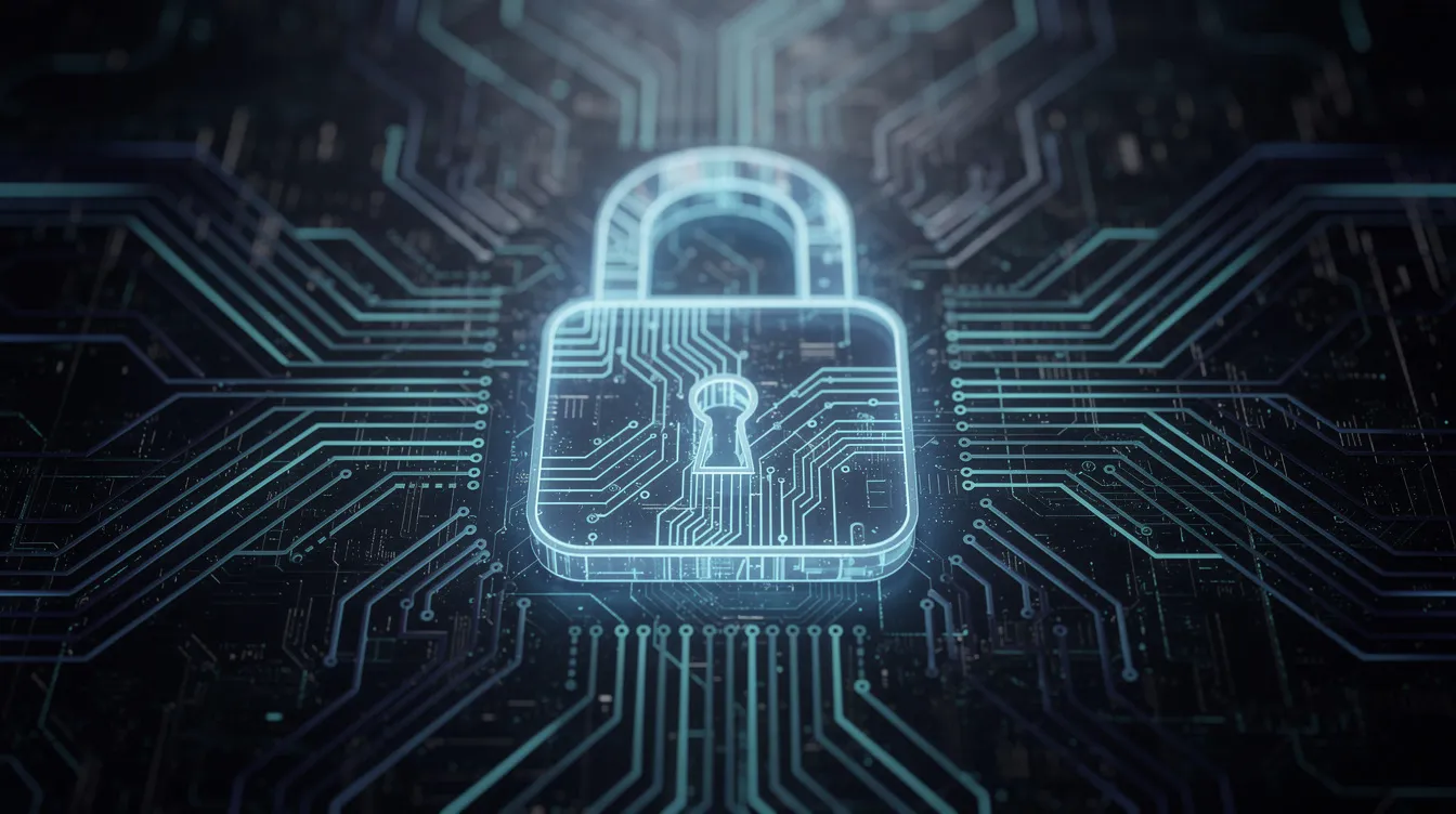 A glowing digital padlock icon centered over a dark blue circuit board pattern.