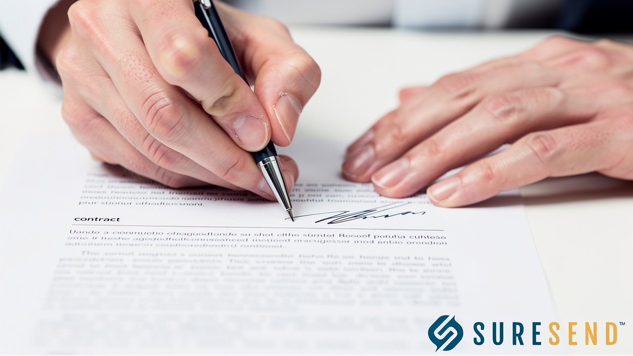 Close-up of signing an important contract with careful attention to detail