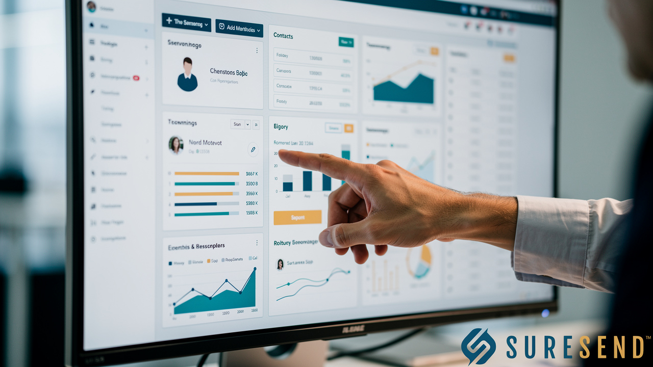 Close-up of CRM dashboard showing client data and contact management