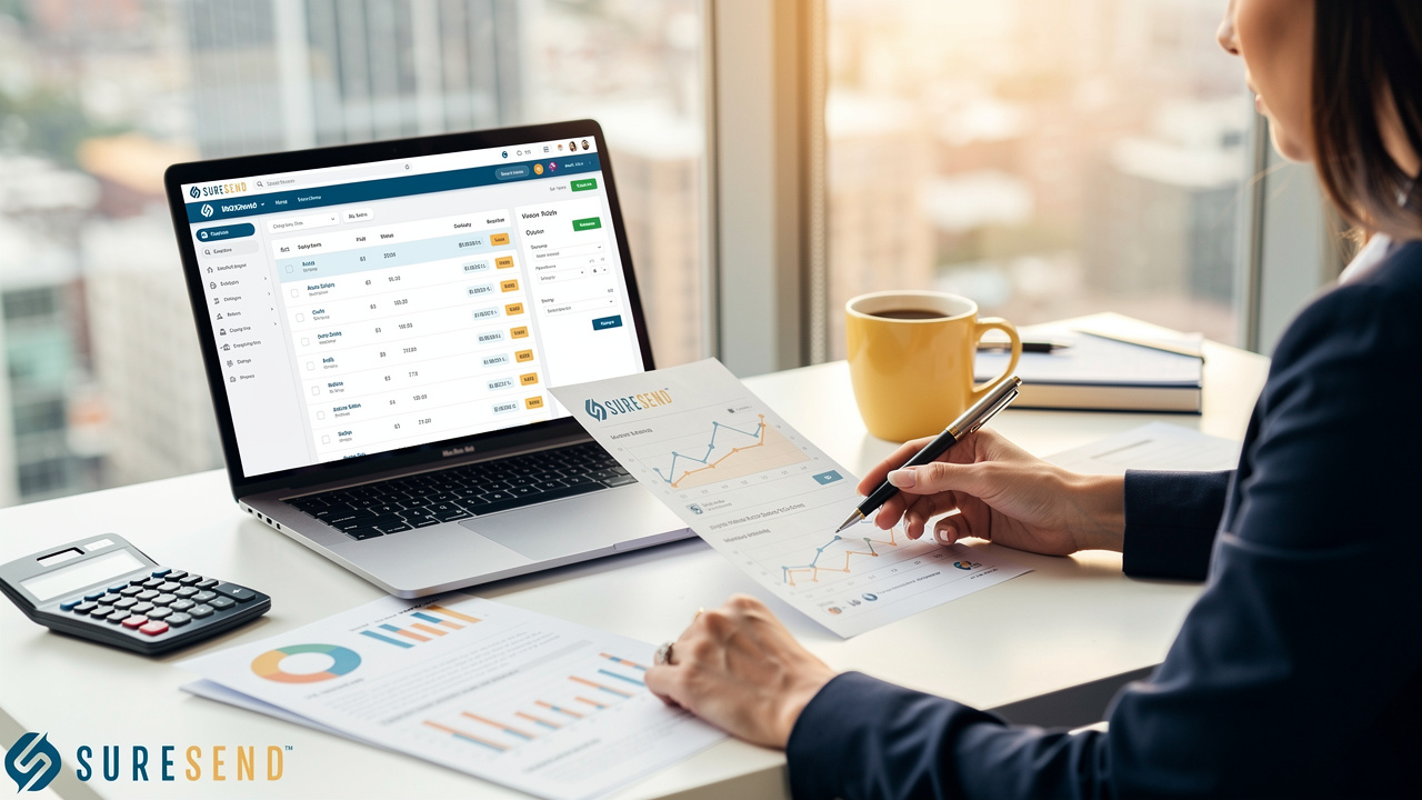 A person at a desk reviews a digital dashboard on a laptop and a paper document featuring a line graph.