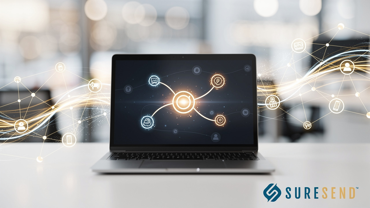 A laptop on a desk displaying a glowing network of connected icons, with light streaks and digital nodes extending across the background and the SureSend logo in the corner.