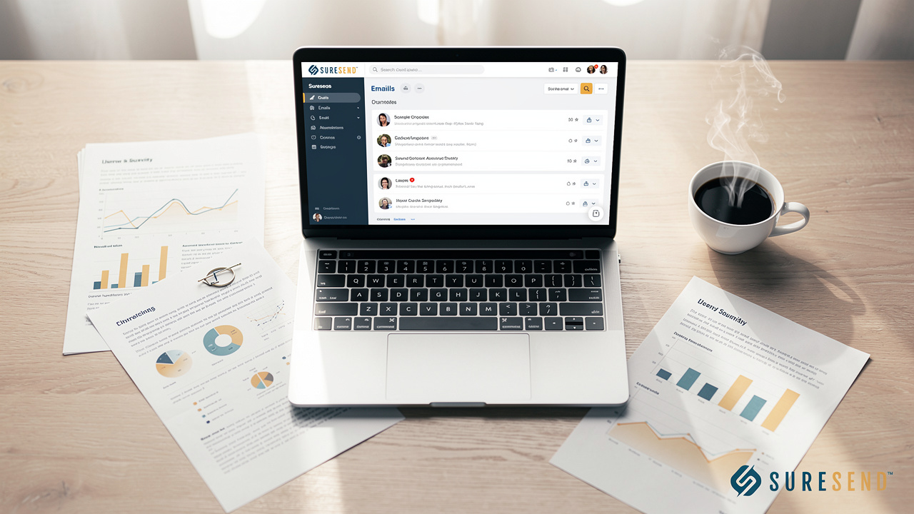 A laptop displaying an email dashboard interface on a wooden desk alongside printed data charts and a steaming mug of coffee.