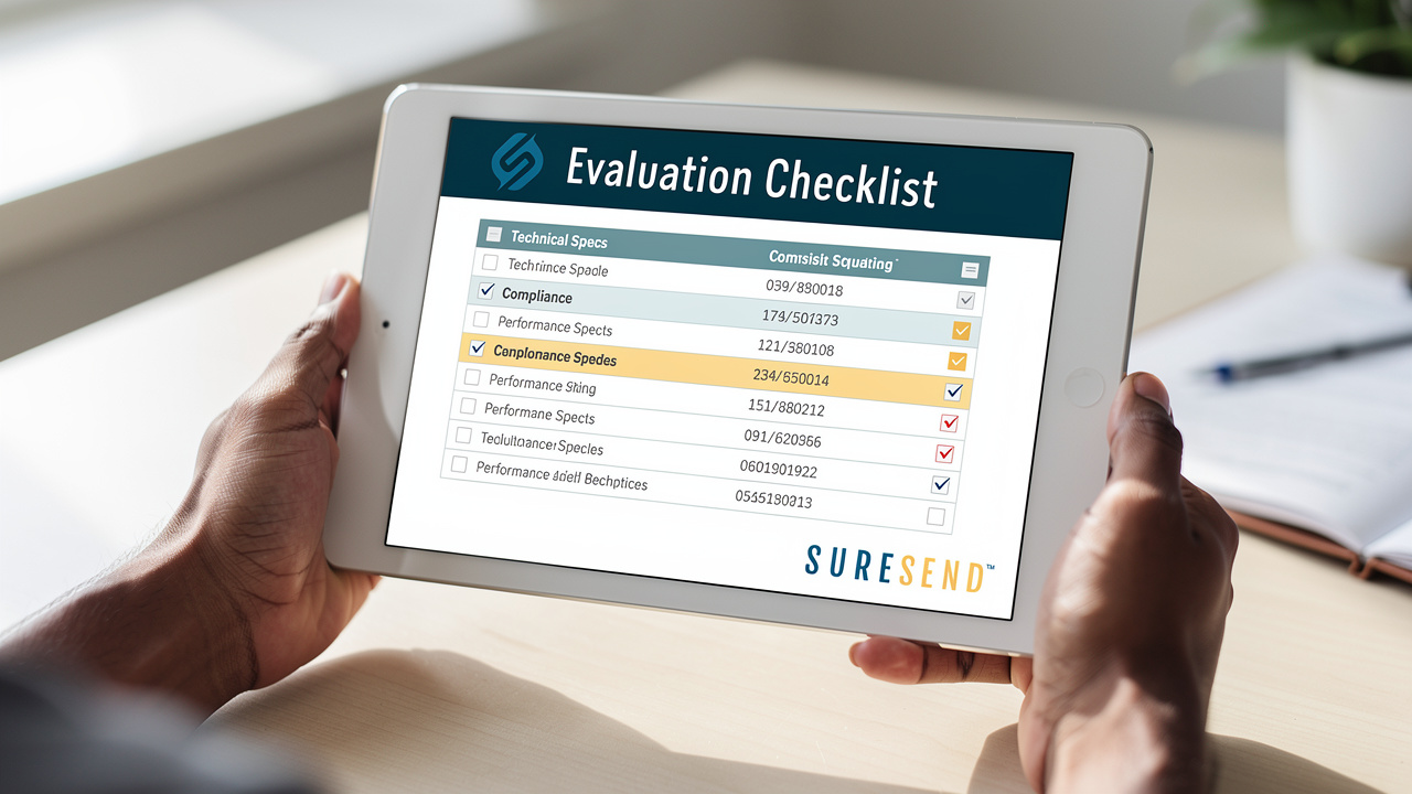 Tablet displaying CRM evaluation checklist with technical specifications