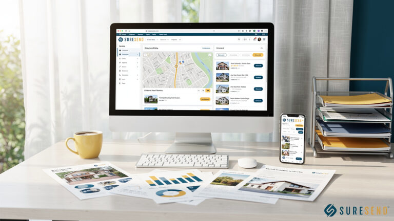 Computer monitor and smartphone displaying the SureSend website, with business documents and a coffee cup on a desk.