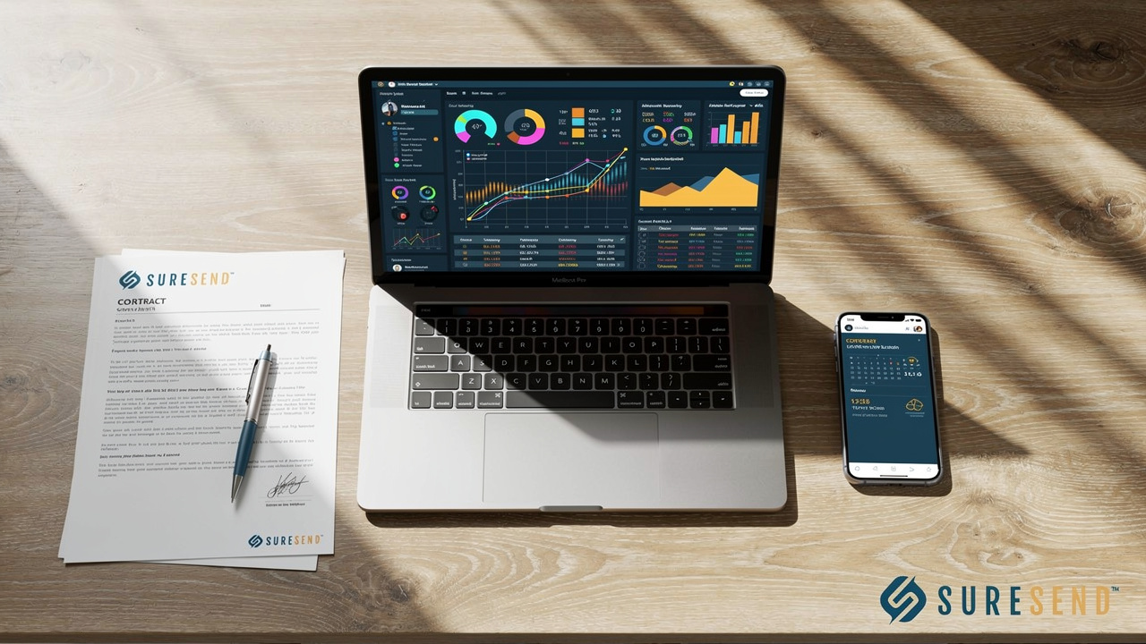 Laptop displaying a business analytics dashboard, a smartphone showing a calendar interface, and a printed contract with a pen on a wooden desk.