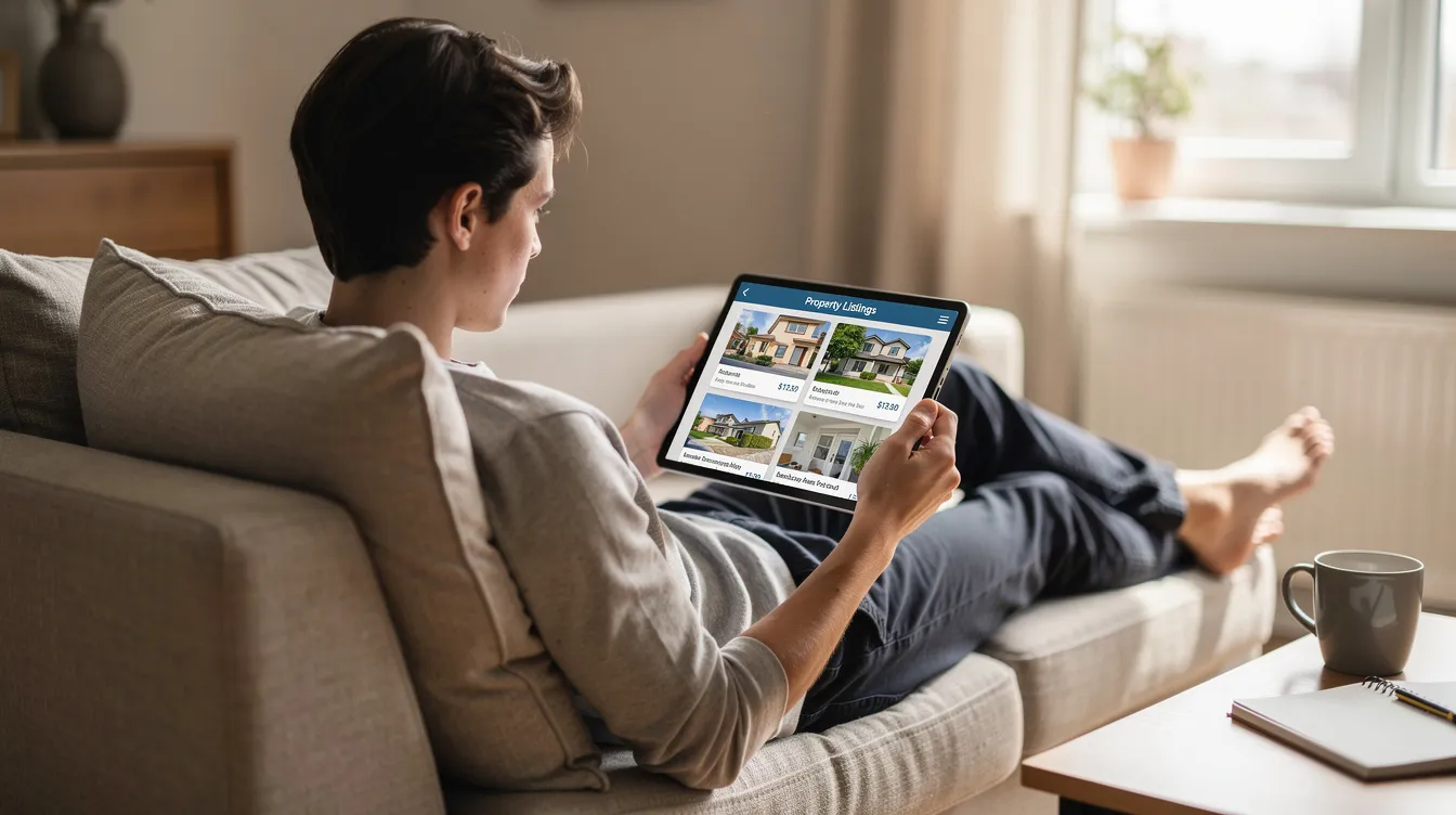 An individual is sitting comfortably on a couch, intently browsing real estate listings on a tablet, highlighting the importance of leveraging technology in the real estate business. This scene captures the initial contact phase of lead generation, where potential clients explore new leads and specific properties.