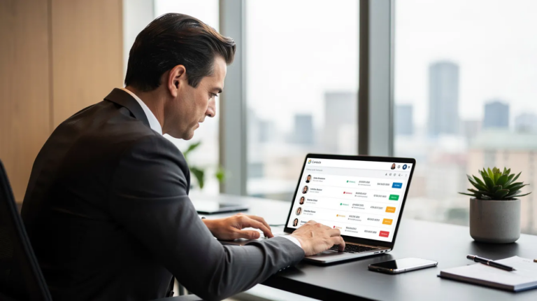A person in a suit working on a laptop displaying a contacts list in a high-rise office.