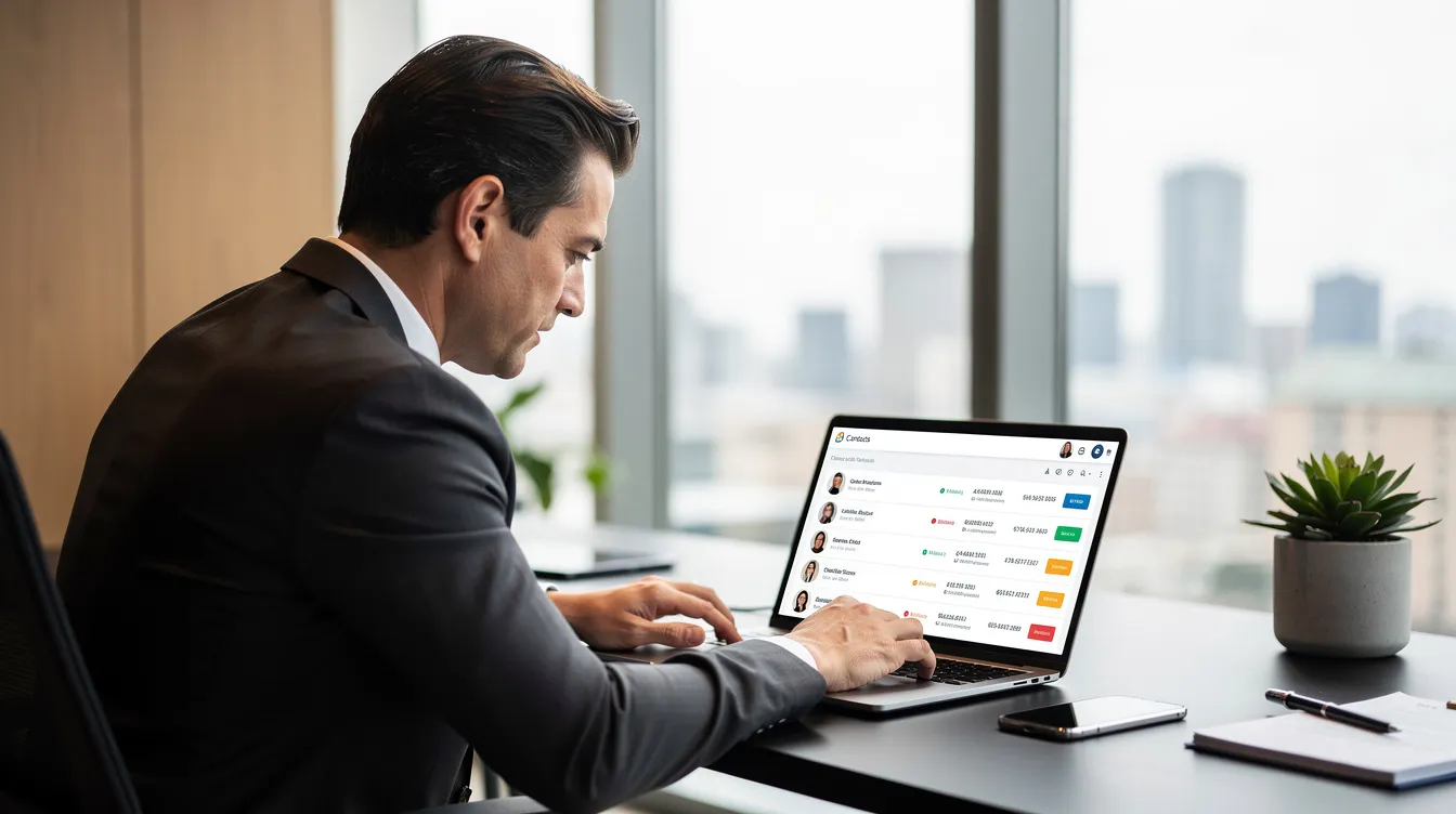 A person in a suit working on a laptop displaying a contacts list in a high-rise office.