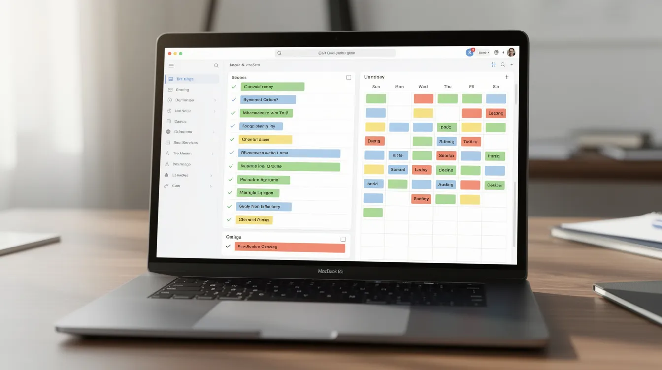 The image shows a laptop screen displaying a task list and calendar filled with color-coded items, indicating various scheduled follow-up activities for real estate leads. This setup emphasizes the importance of consistent contact and effective follow-up systems in nurturing potential clients and managing leads in the real estate business.
