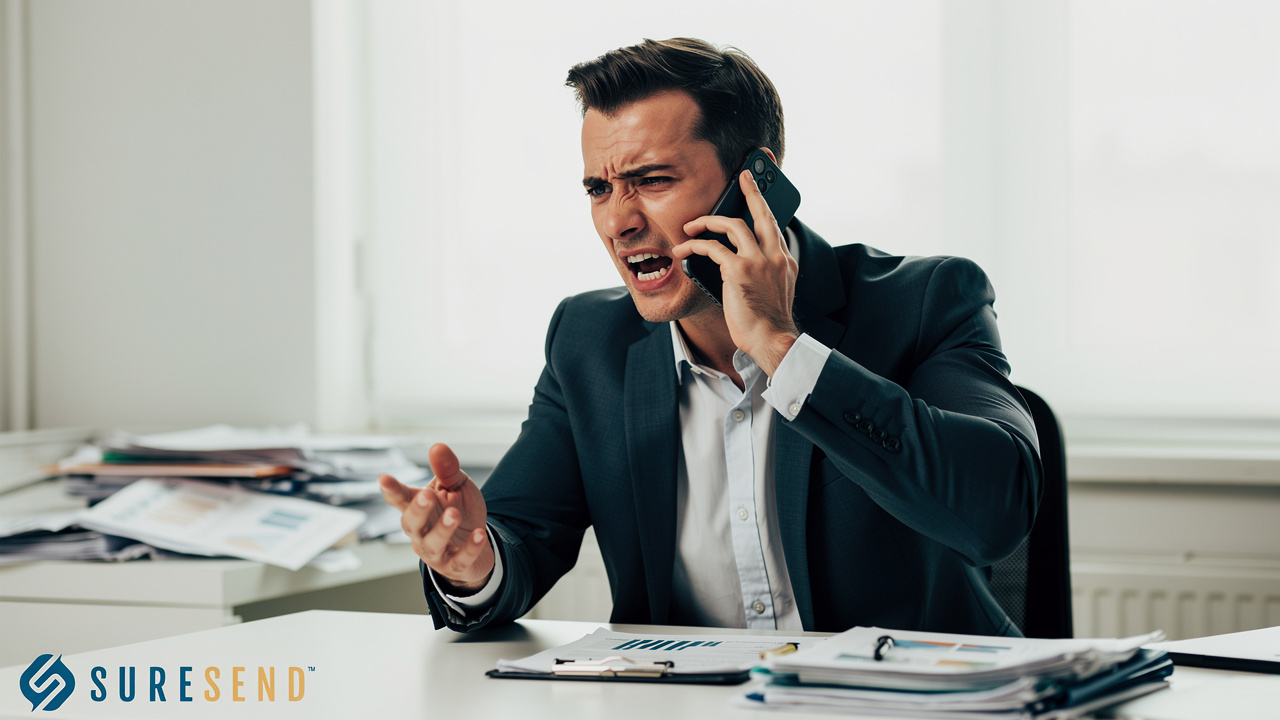 Agent managing tense conversation with unhappy client
