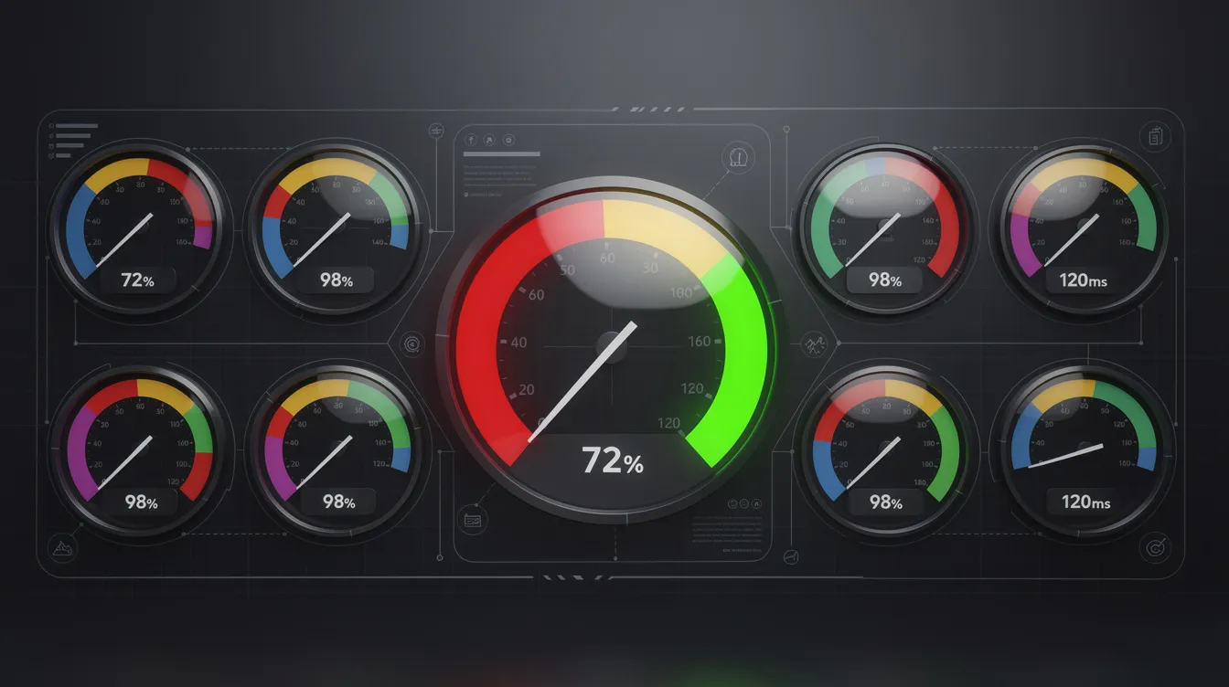 The image features a dashboard filled with various gauges and dials that visually represent performance metrics related to email deliverability, such as sender reputation and spam complaint rates. This interface highlights critical factors like spam filters, domain and IP reputation, and engagement signals, which are essential for improving inbox placement and ensuring messages land in the primary inbox rather than the spam folder.