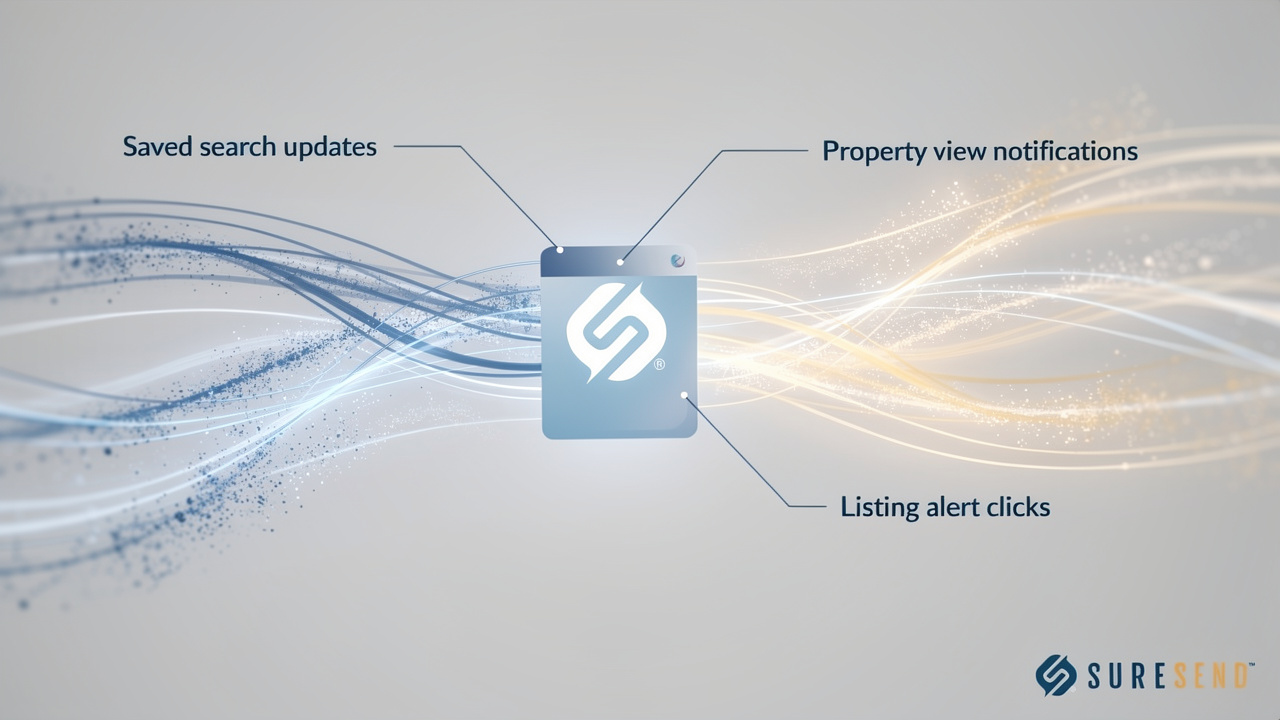 Logo with flowing lines and particles showing three labeled features: saved search updates, property view notifications, and listing alert clicks.