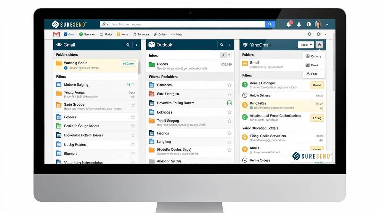 Email inboxes from Gmail, Outlook, and Yahoo Mail displayed