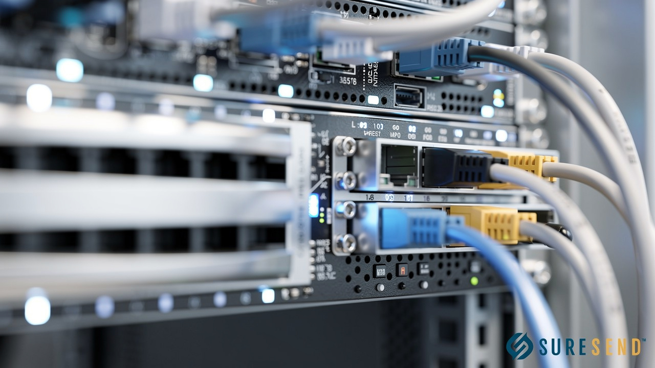 Close-up of server infrastructure with network hardware and cables