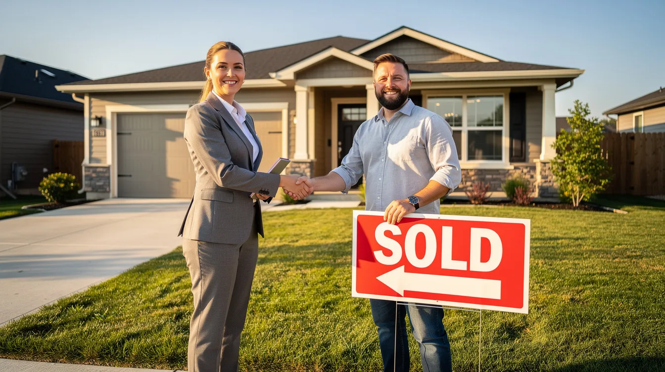 A real estate agent and a client are shaking hands outside a house with a "Sold" sign prominently displayed, symbolizing a successful transaction. This moment captures the culmination of their genuine interest and engagement throughout the sales cycle, highlighting the importance of nurturing past leads and re-engaging old contacts.