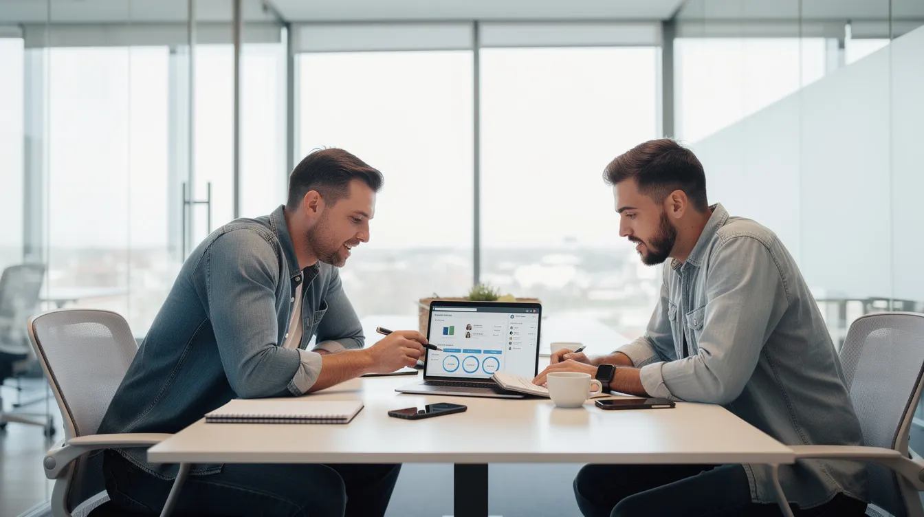 The image shows two casually dressed real estate professionals engaged in a focused discussion over a laptop in a modern office environment, likely strategizing on lead generation and client management using their CRM tools. The setting emphasizes collaboration, essential for effective client communication and managing leads through advanced features like pipeline management and automated workflows.