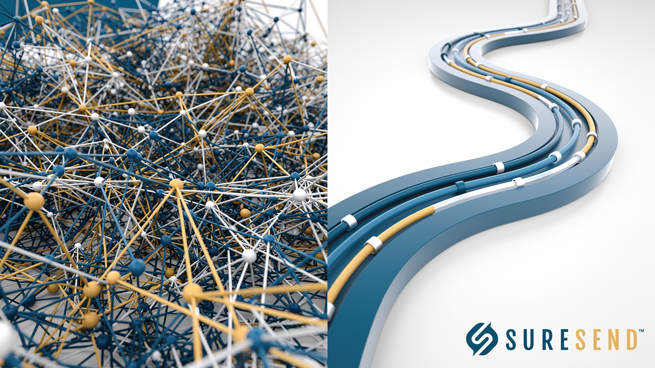 Visual comparison of fragmented versus unified email infrastructure systems