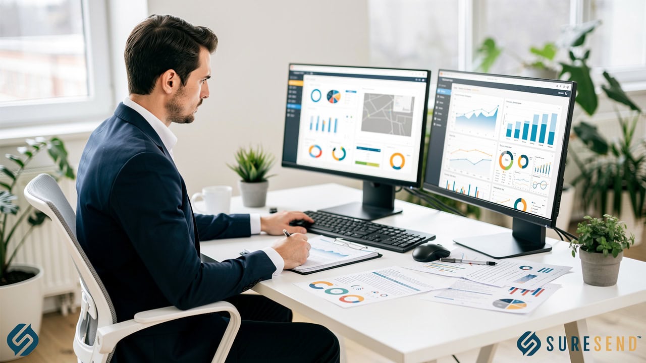 A man in a suit working at a desk with two computer monitors displaying data charts and graphs.