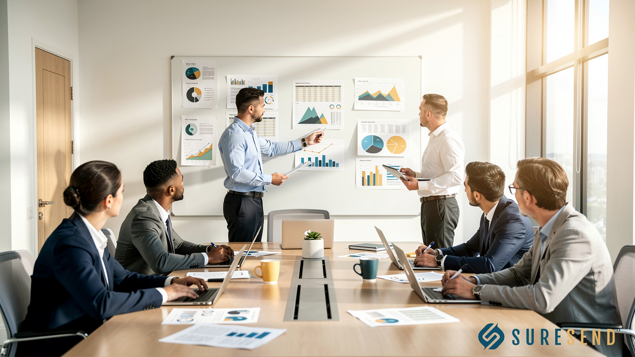 Expanding sales team collaborating during pipeline and transaction review