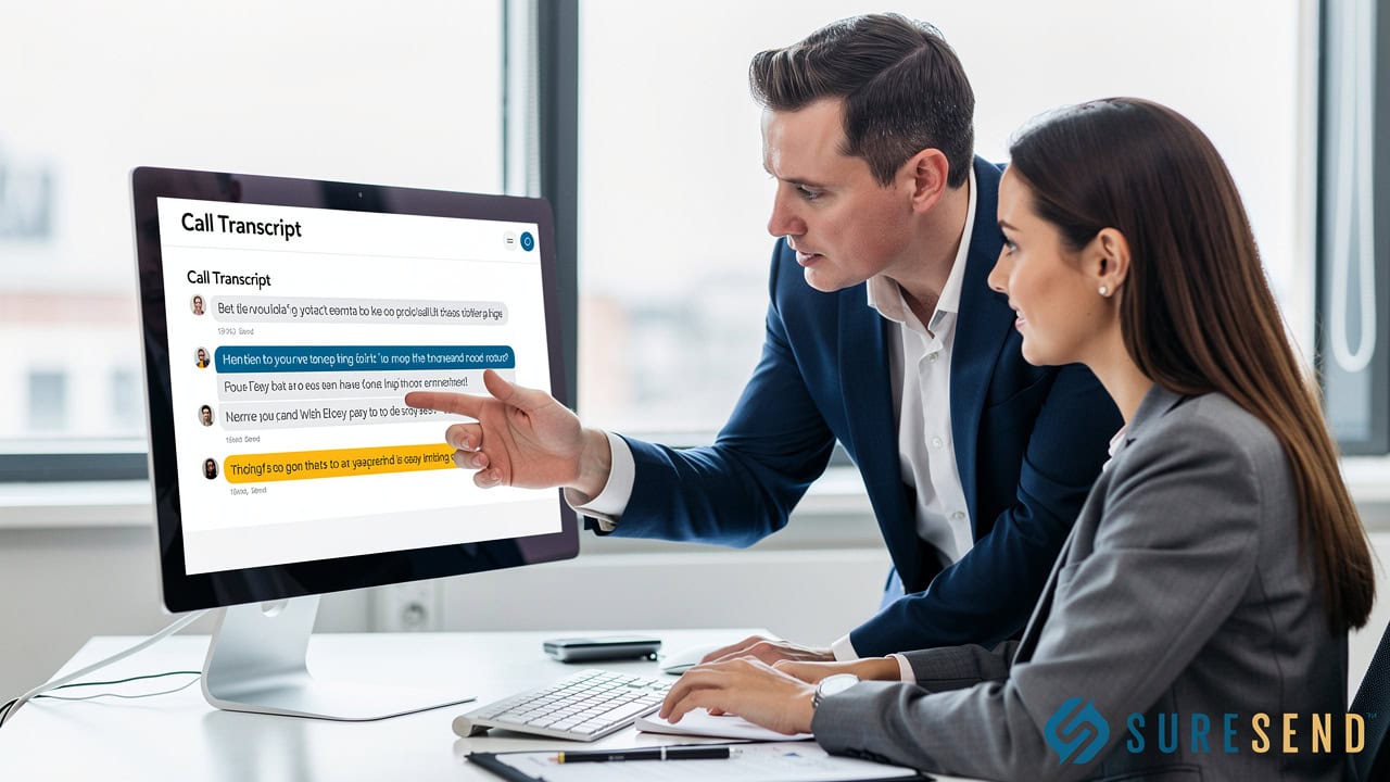 Manager and agent reviewing specific call transcript moments for performance coaching