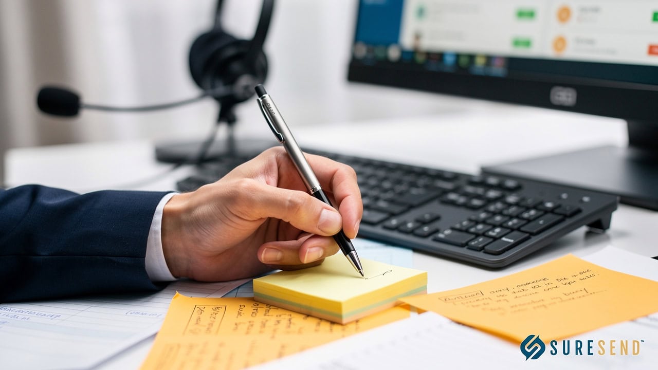 Agent manually writing notes on sticky pad instead of using CRM